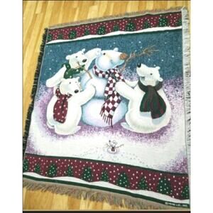 Polar Bear Snowman Tapestry Throw Blanket Hallmark HMK Winter Christmas Fringed